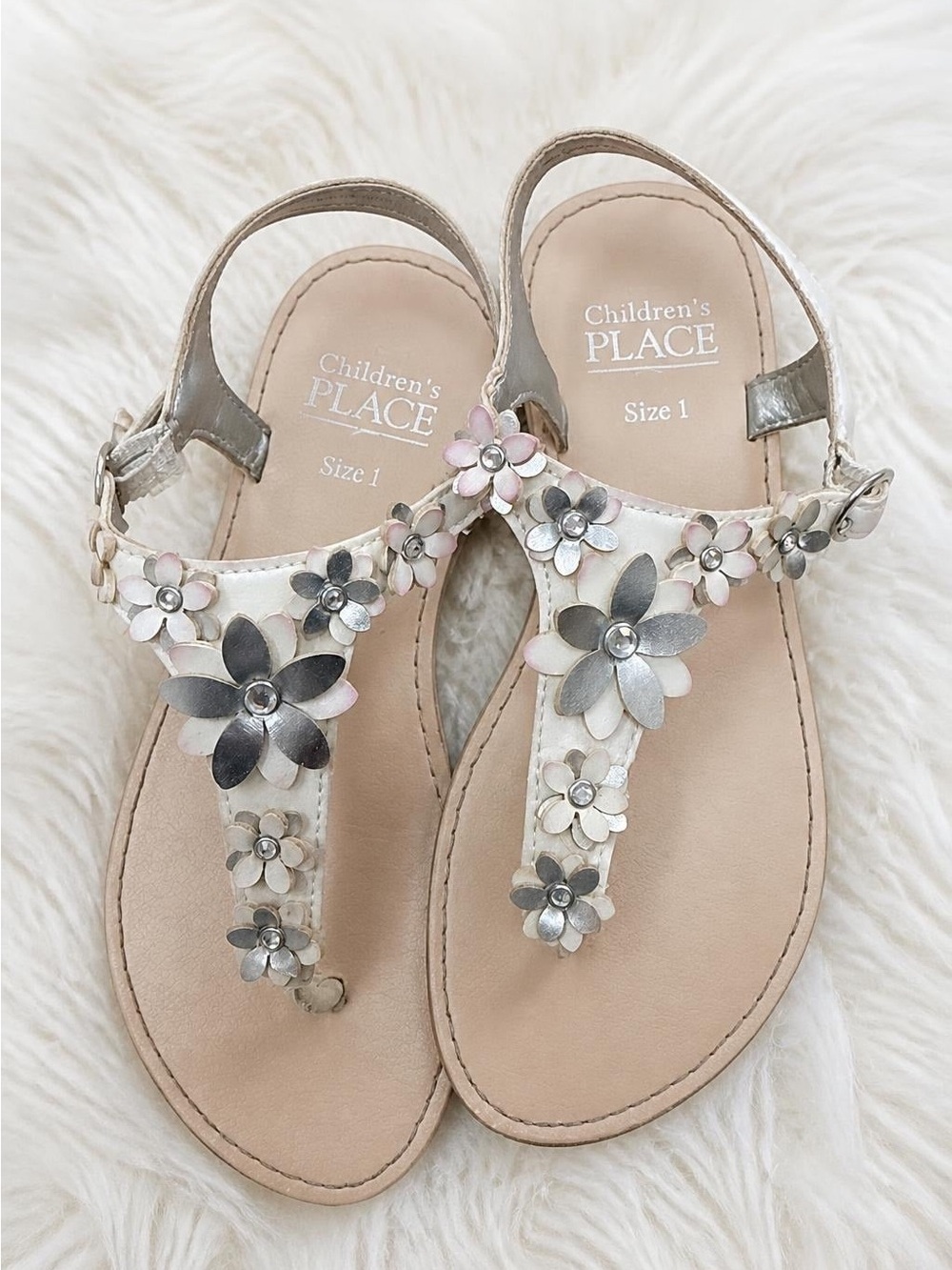 The Children's Place Metallic Silver & Pink Floral T-Strap Sandals